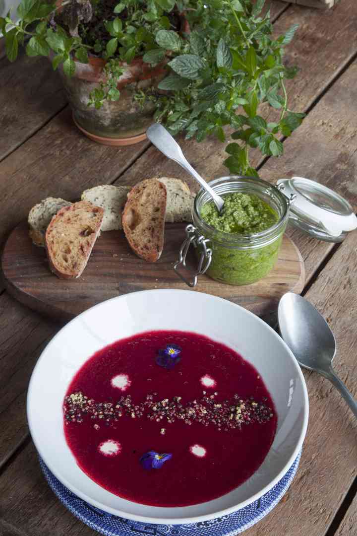 Beetroot Soup, Nettle Pesto, Fresh Bread