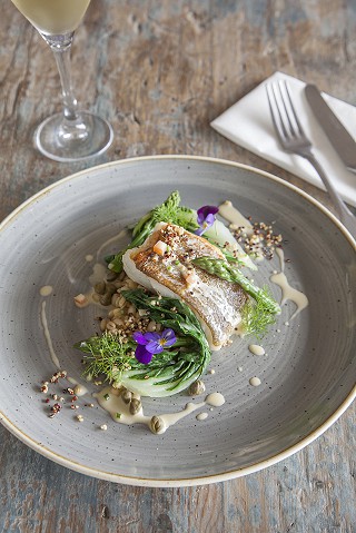 Fresh Cod Pearl Barley, Bok Choy, Asparagus, Toasted Quinoa, Butter Emulsion, Capers