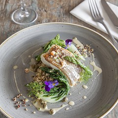 Fresh Cod Pearl Barley, Bok Choy, Asparagus, Toasted Quinoa, Butter Emulsion, Capers